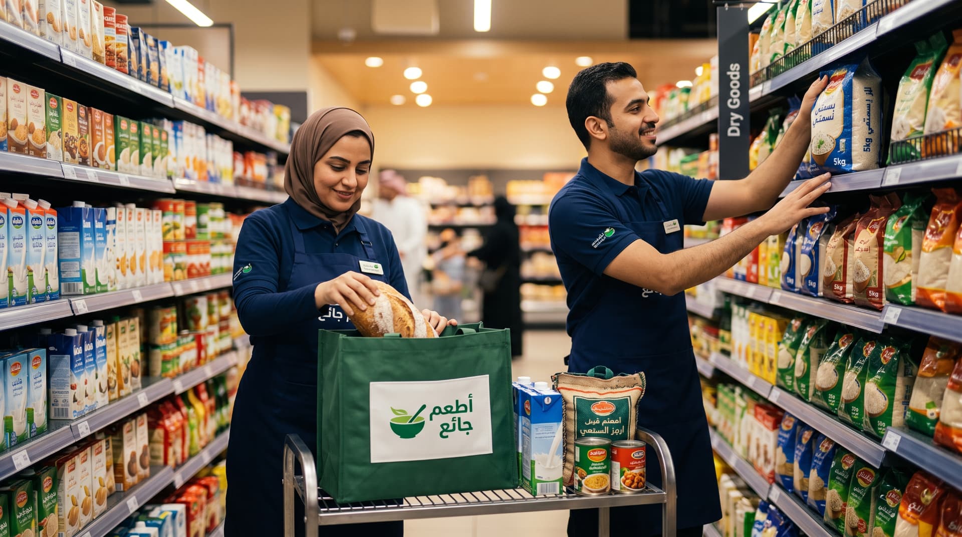 موظفو متجر شريك يجهزون مواد غذائية في حقيبة أطعم جائع
