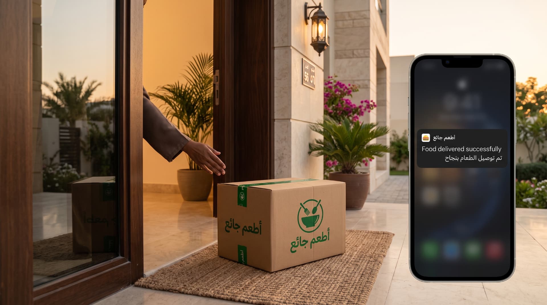 طرد طعام من منصة أطعم جائع يصل إلى باب المستفيد مع إشعار تأكيد التسليم